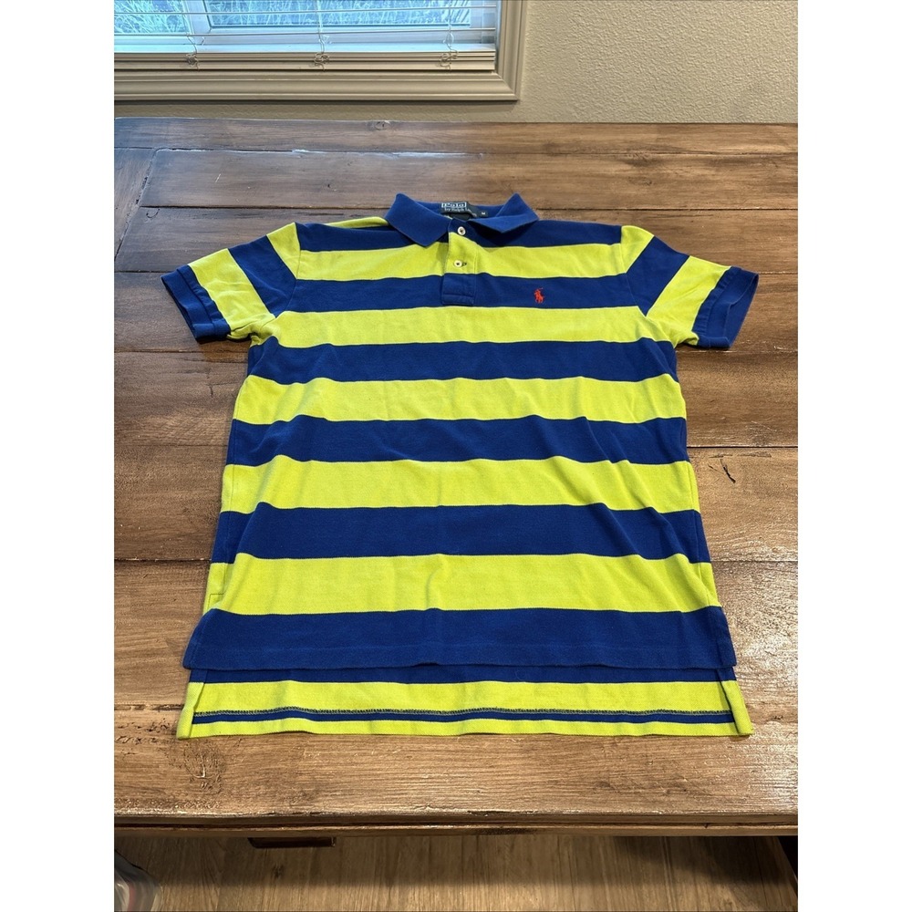 Polo Ralph Lauren Mens Blue Neon Yellow‎ Striped Short Sleeve Polo Shirt M